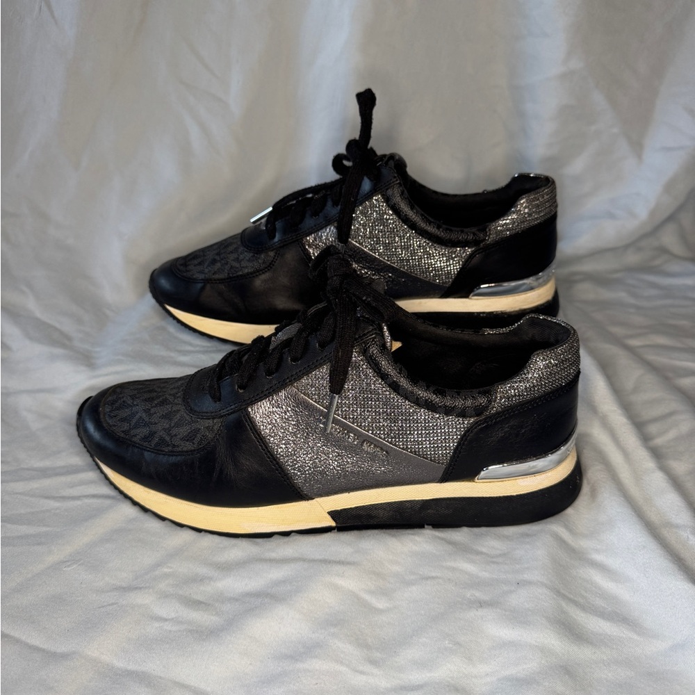 Michael Kors Black & Silver Metallic Logo Sneakers – Women’s Size 10 - Picture 3 of 7